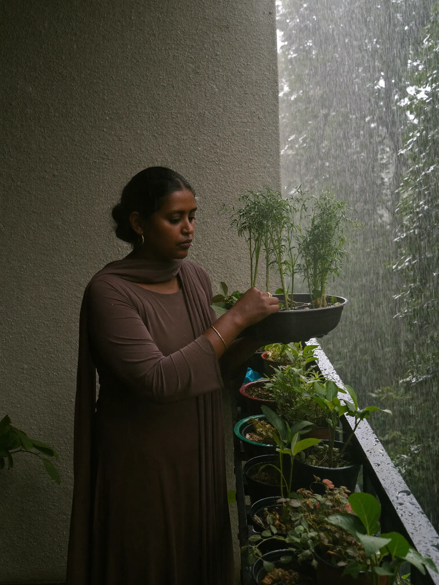 Priya checking her balcony plants in the Mumbai monsoon