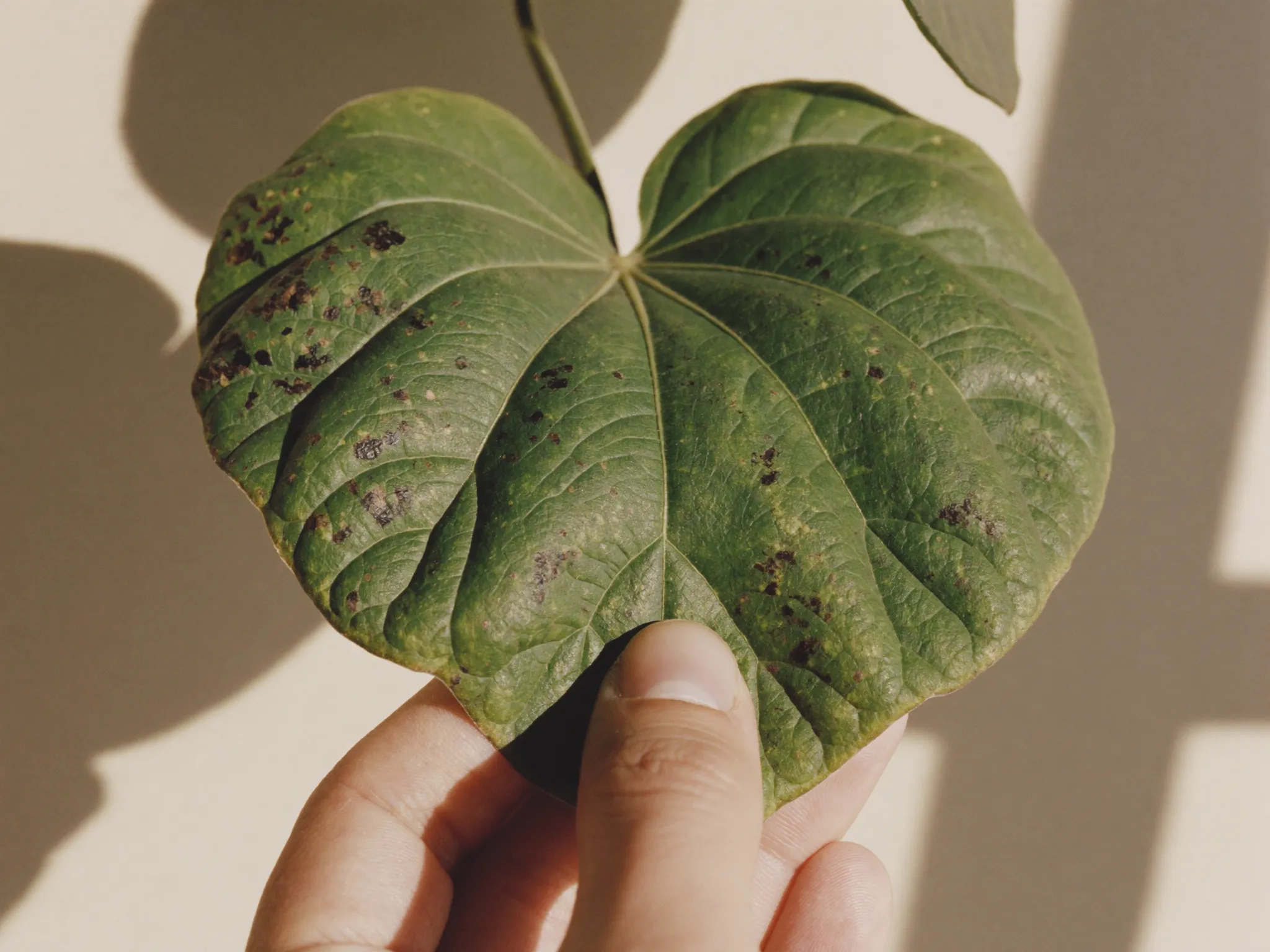 A hand examining a plant leaf with dark spots and blemishes
