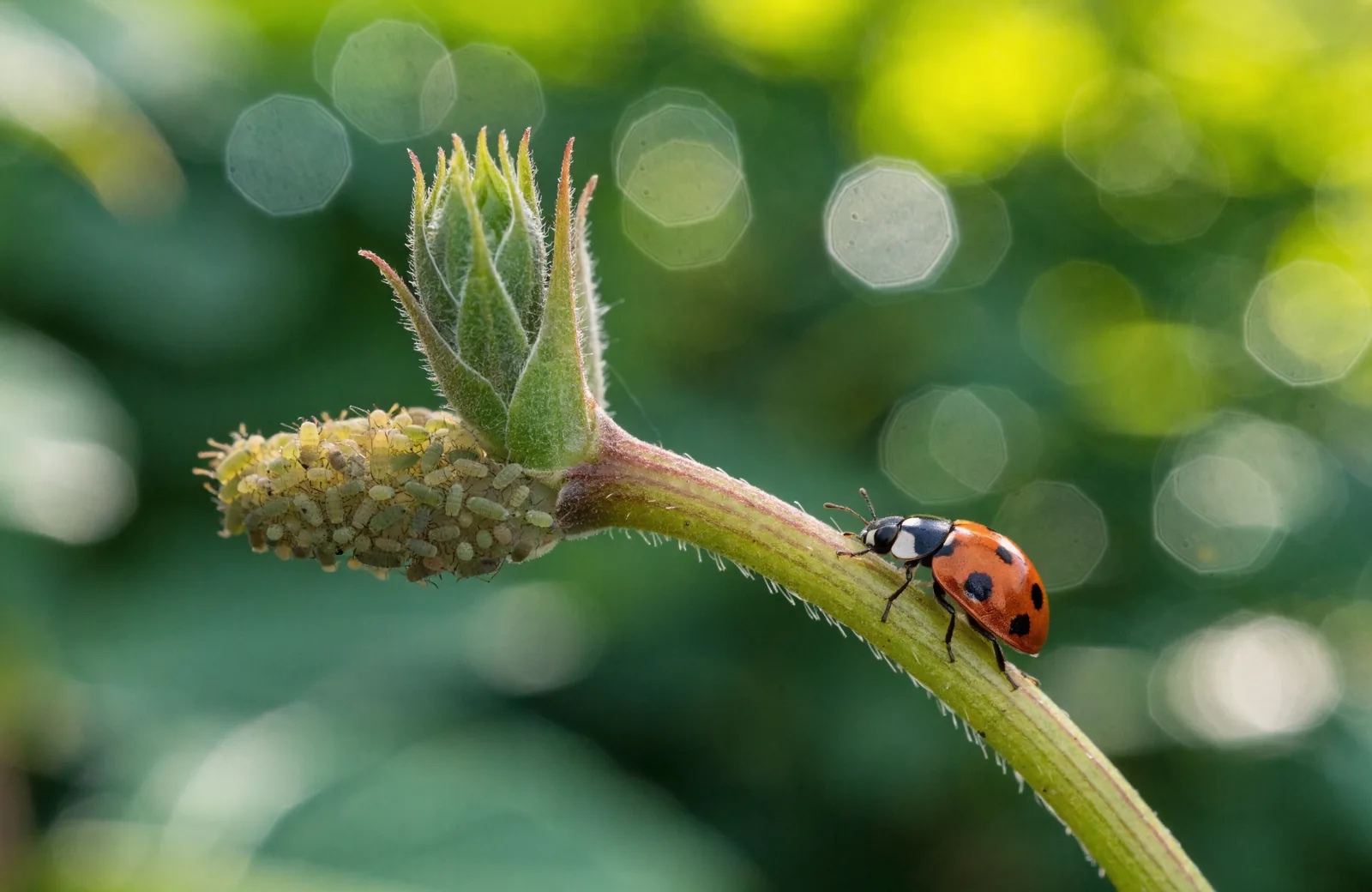 Green aphids clustered on a young plant shoot