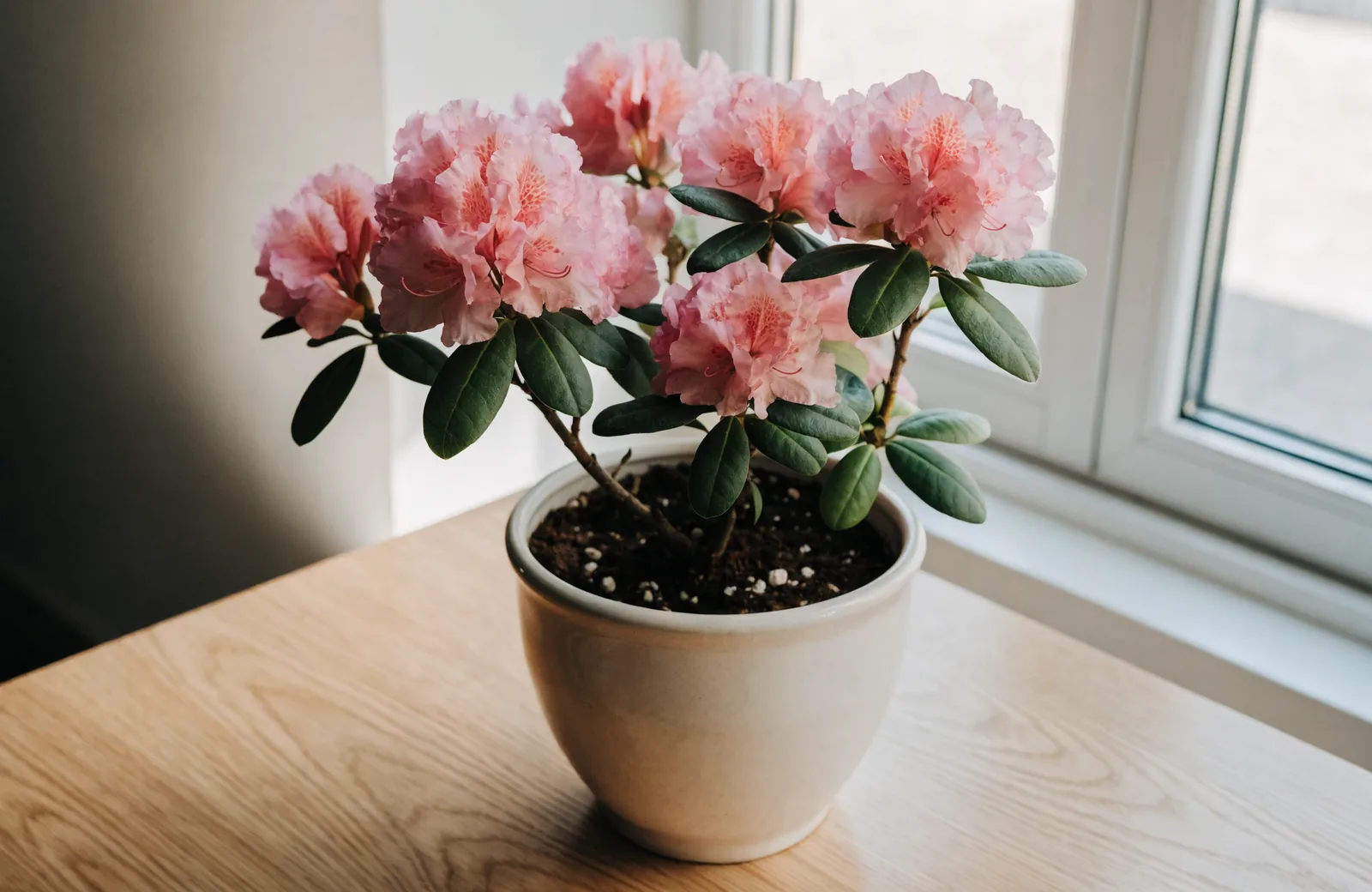 Potted azalea covered in pink ruffled blooms on a wooden table near a bright window