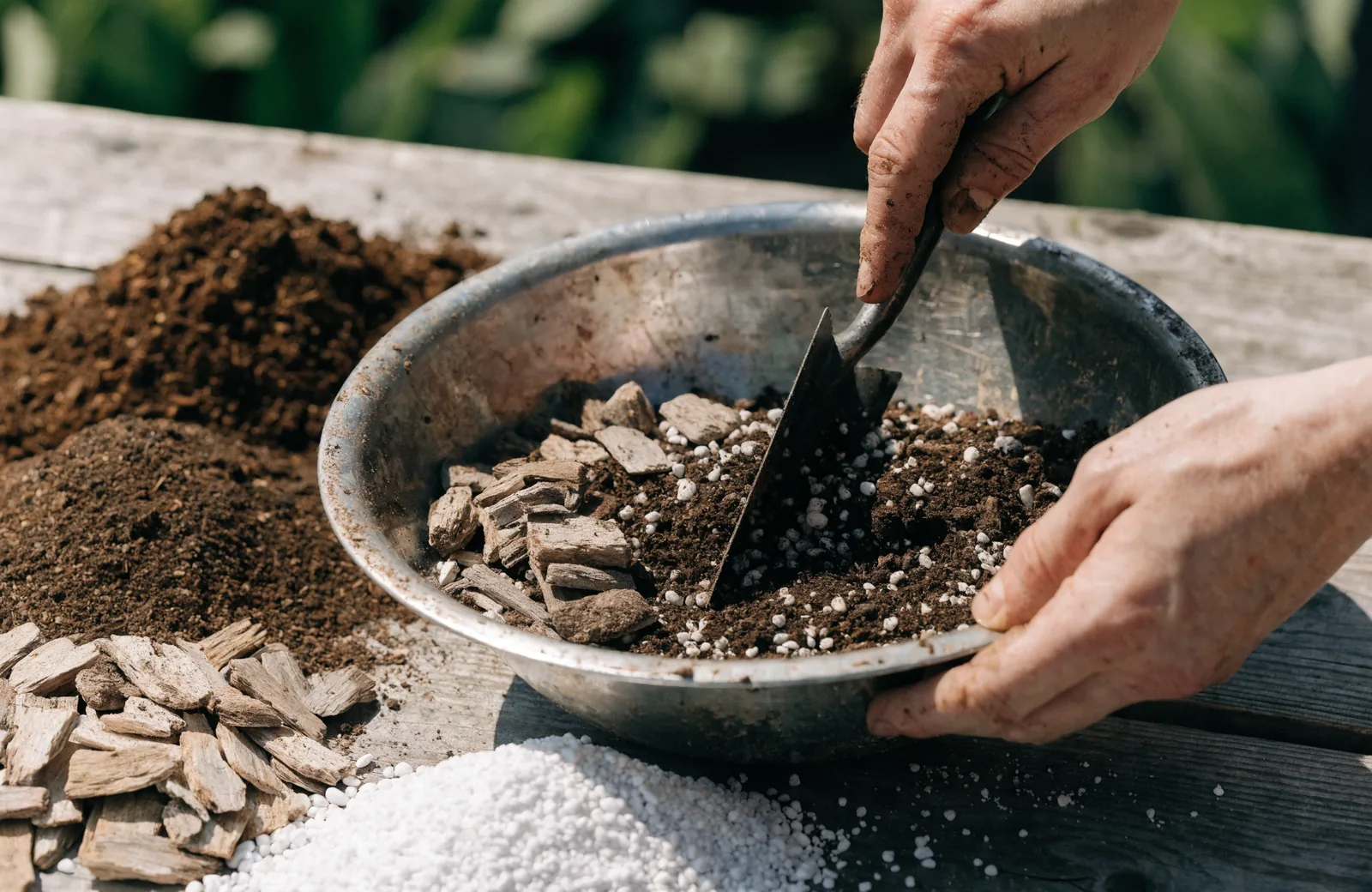 Hands mixing chunky potting soil with perlite and bark in a bowl