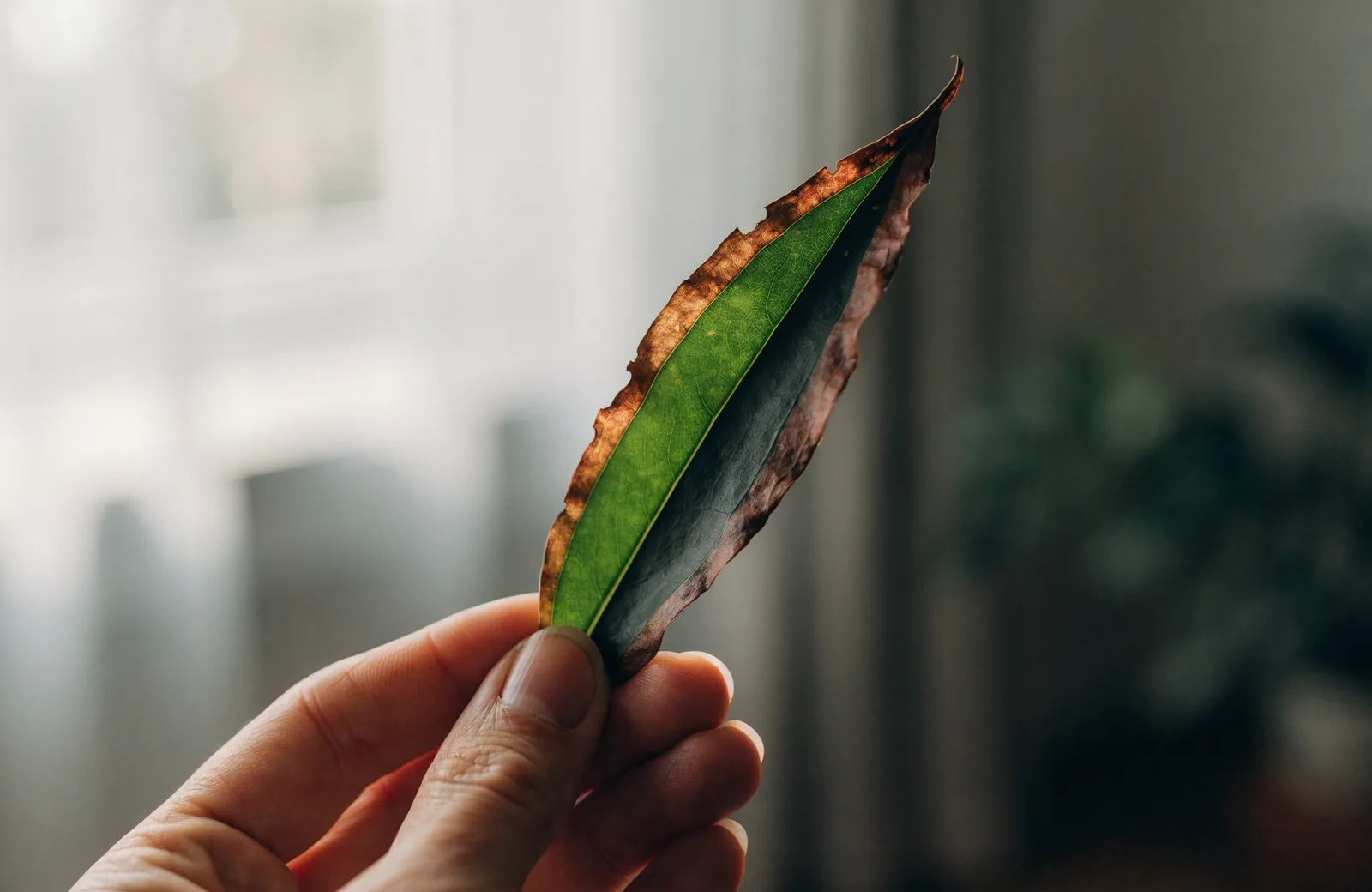 Houseplant leaf with dry brown tips in a bright room