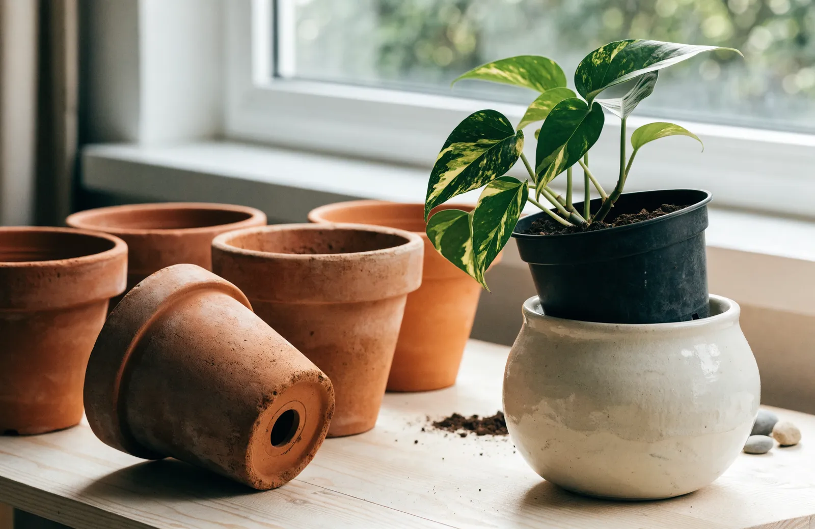 Terracotta pots on a wooden potting table, one tipped on its side to show the drainage hole in its base, beside a glazed cachepot holding a pothos in a plastic nursery pot.