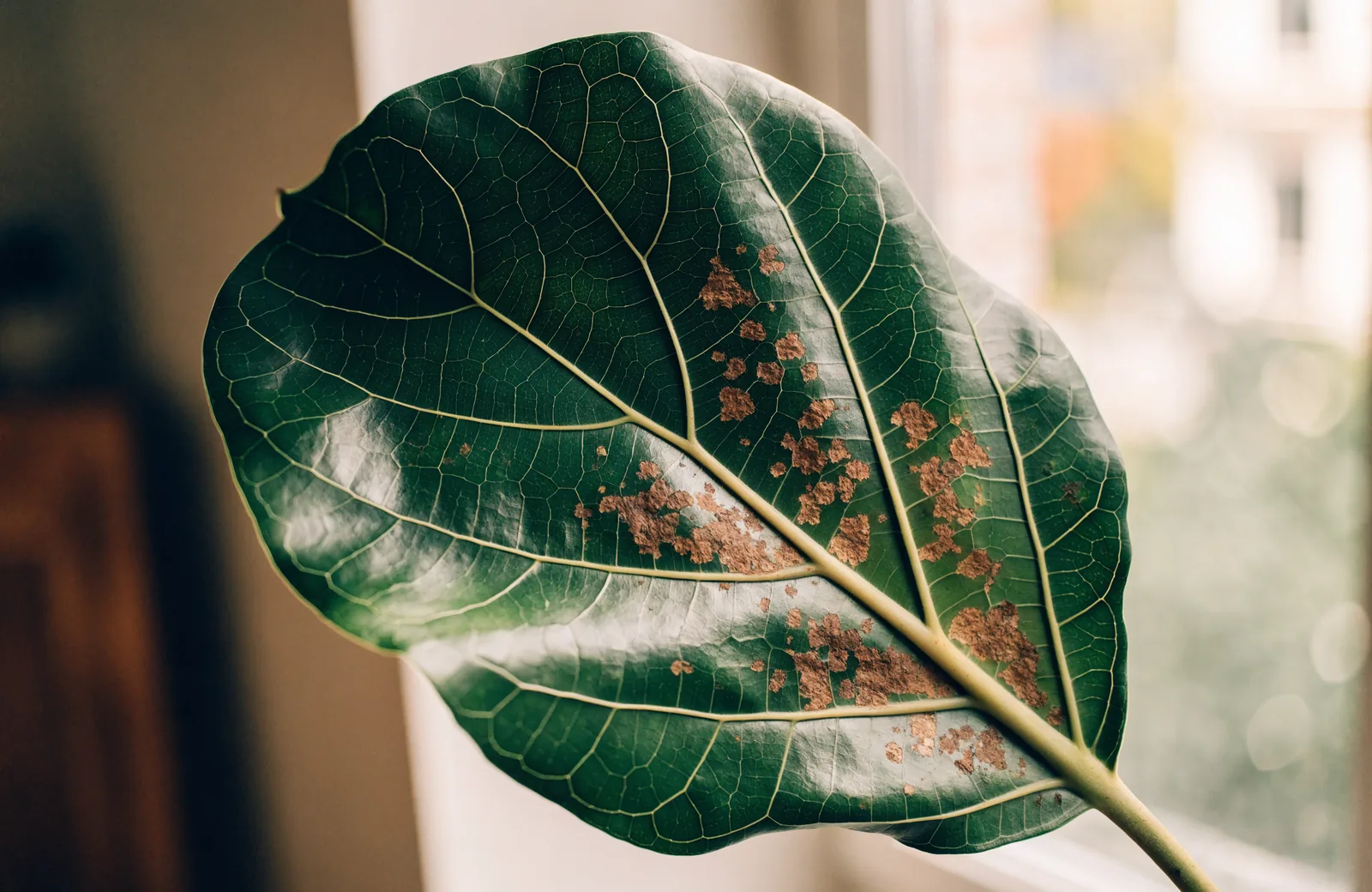 Fiddle leaf fig leaf with brown spots spreading from the centre