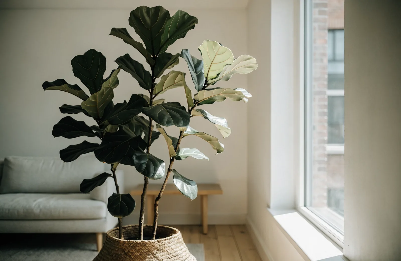 Tall fiddle leaf fig in a woven basket pot beside a bright window