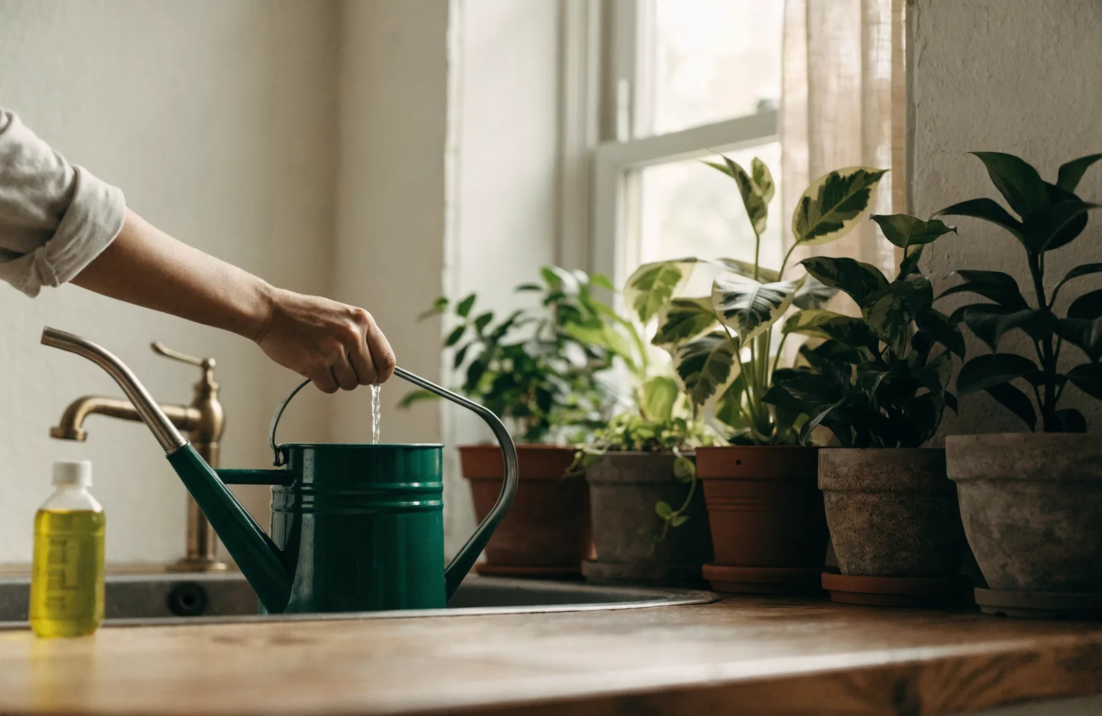 Watering can beside liquid houseplant feed and a row of potted plants