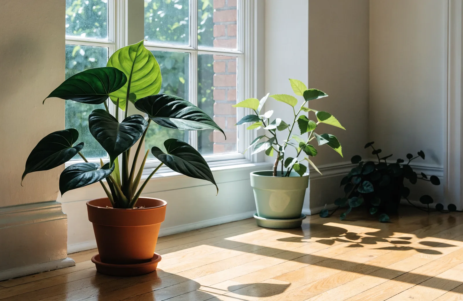 Houseplants placed at different distances from a bright window showing light levels