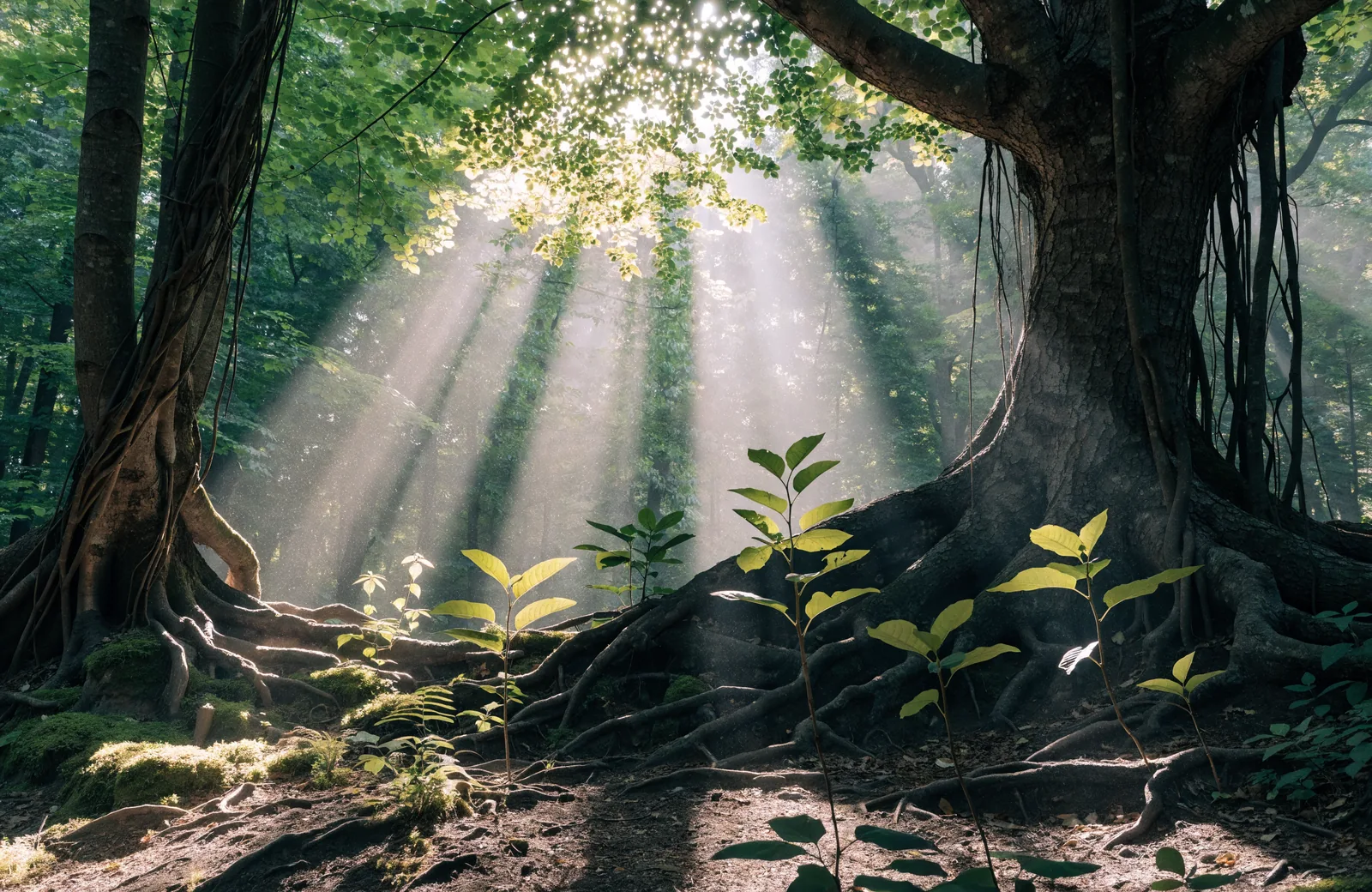 Sunlight through a forest canopy with saplings growing among tree roots