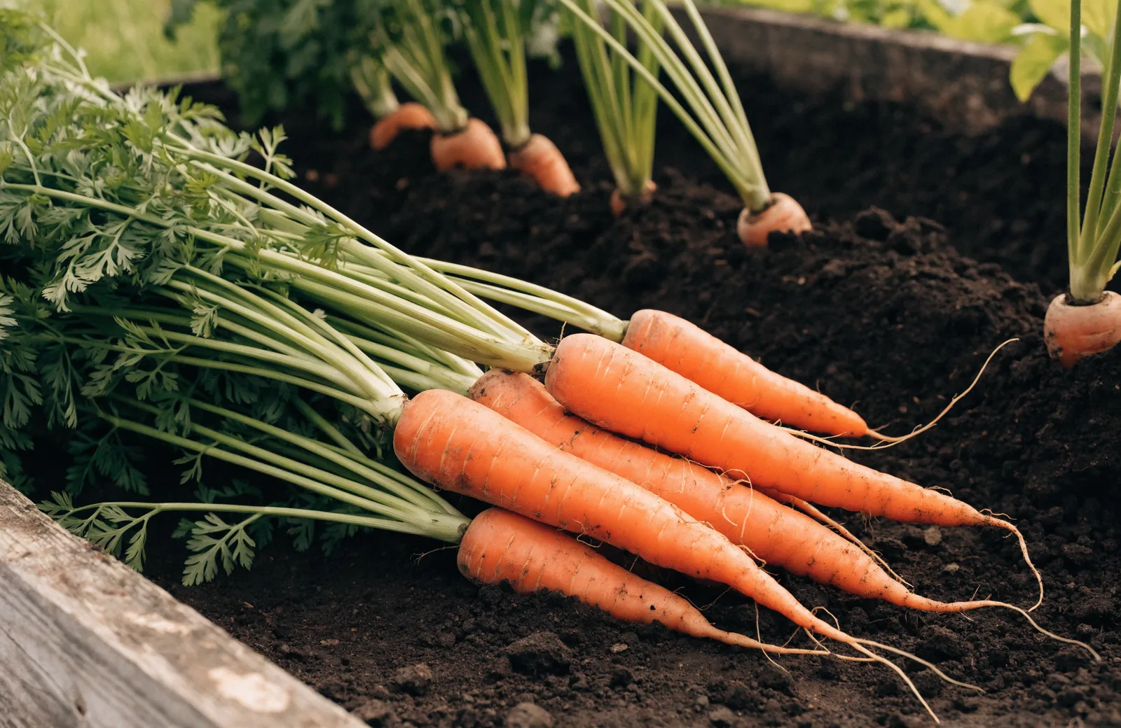 Freshly harvested carrots with green tops lying on dark soil in a raised vegetable bed
