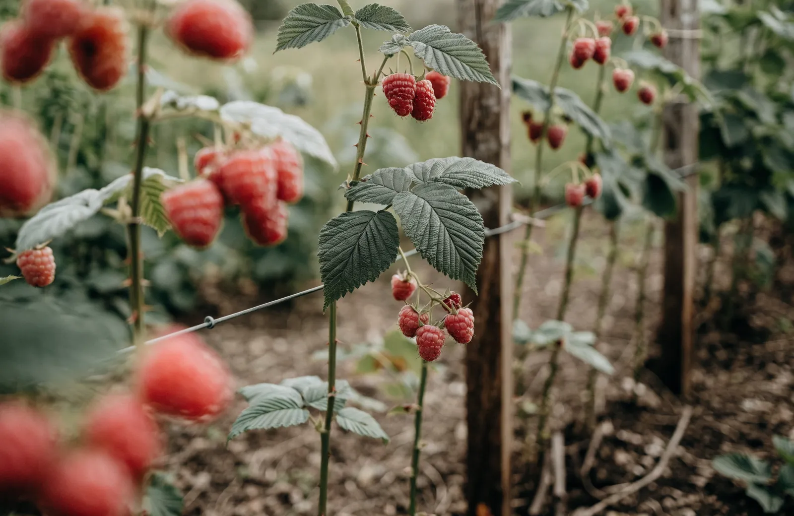 Ripe red raspberries on tall green canes tied to horizontal wires in a kitchen garden, soft natural light