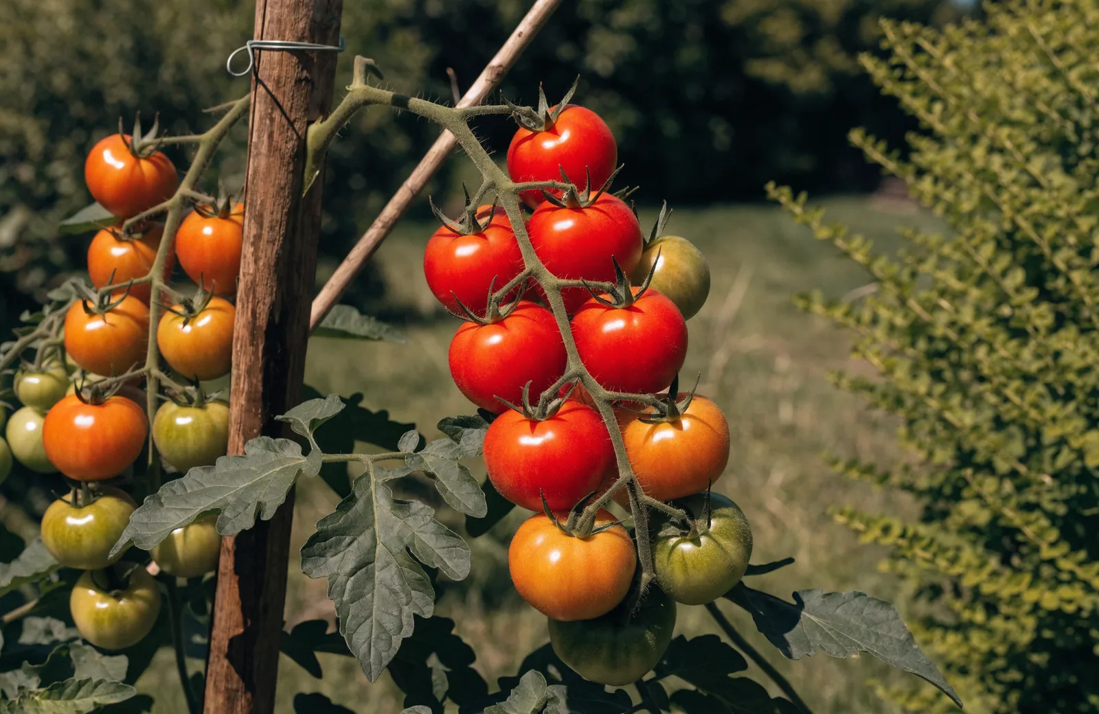 Ripe red tomatoes growing on a staked vine in a garden