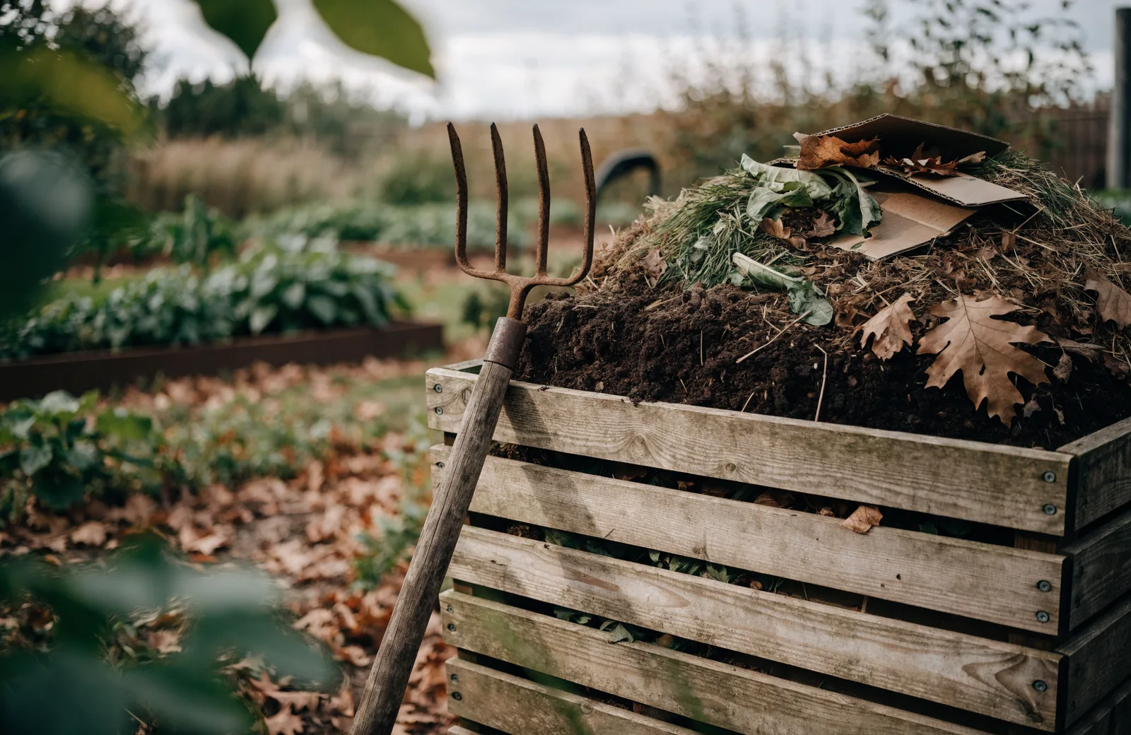 Wooden slatted compost bin in an autumn garden, filled with layers of green garden waste, brown leaves, straw and cardboard, with a garden fork leaning against it.