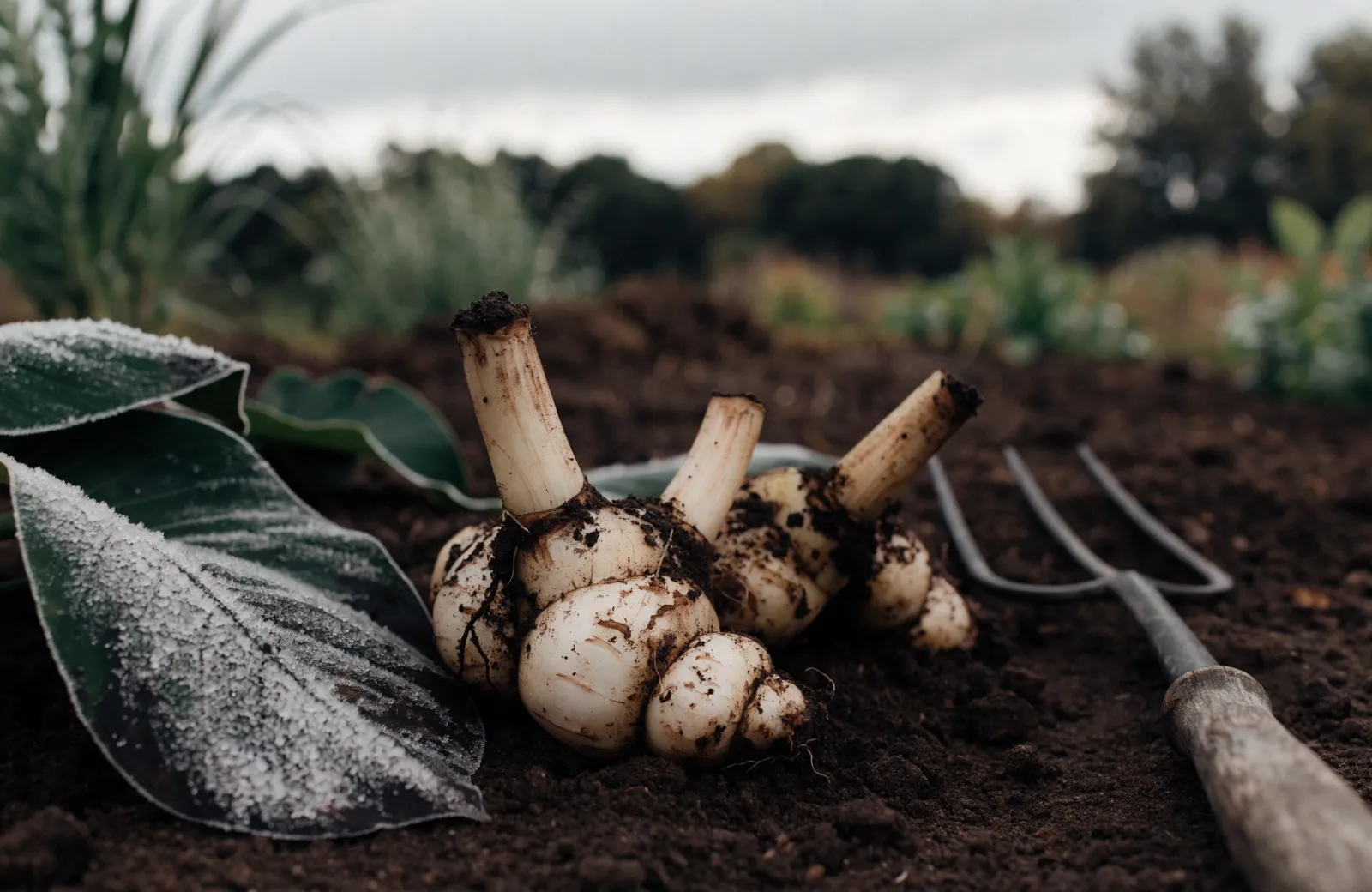 Freshly lifted pale canna rhizome clump with trimmed stem bases resting on dark autumn soil beside a garden fork, frost-rimed canna leaves nearby
