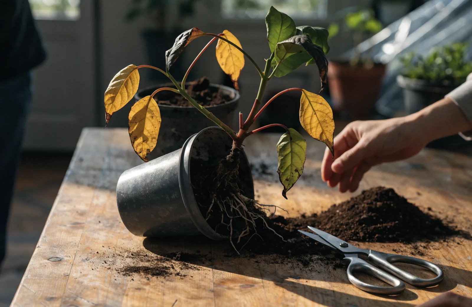Wilted struggling houseplant being inspected on a table