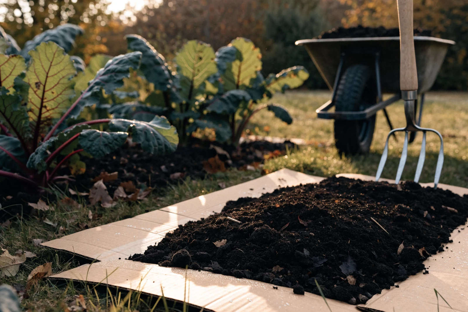 Newly built no-dig vegetable bed with dark compost spread over flattened cardboard, a garden fork and wheelbarrow of compost alongside in soft autumn light
