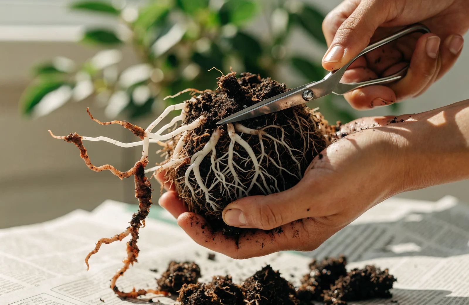 Trimming dark rotten roots from a houseplant root ball with clean scissors