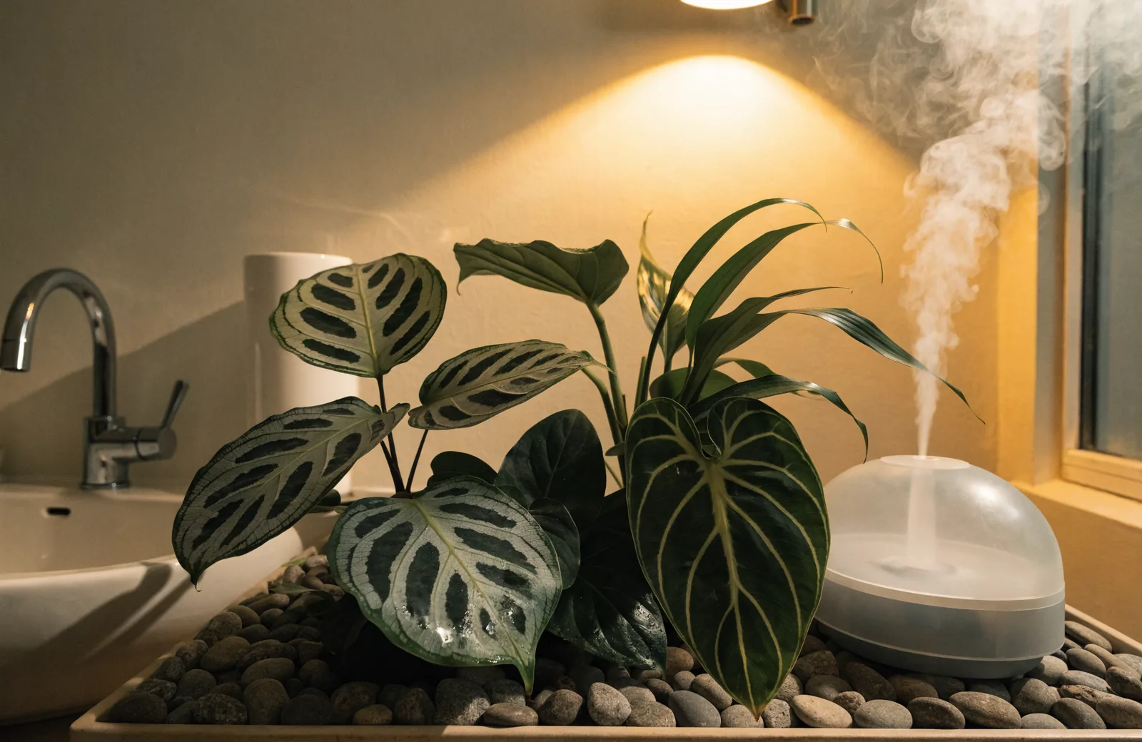 Tropical plants grouped on a pebble tray with a small humidifier misting nearby