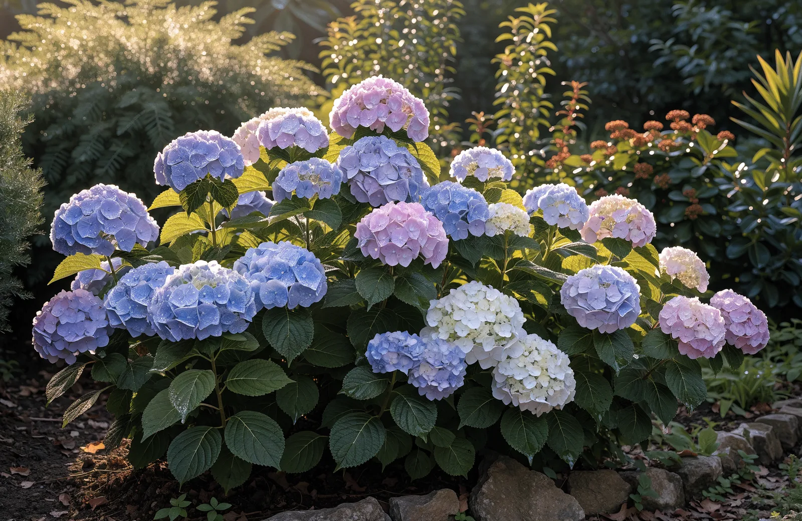 Mophead hydrangea with blue and pink flower heads in a garden border