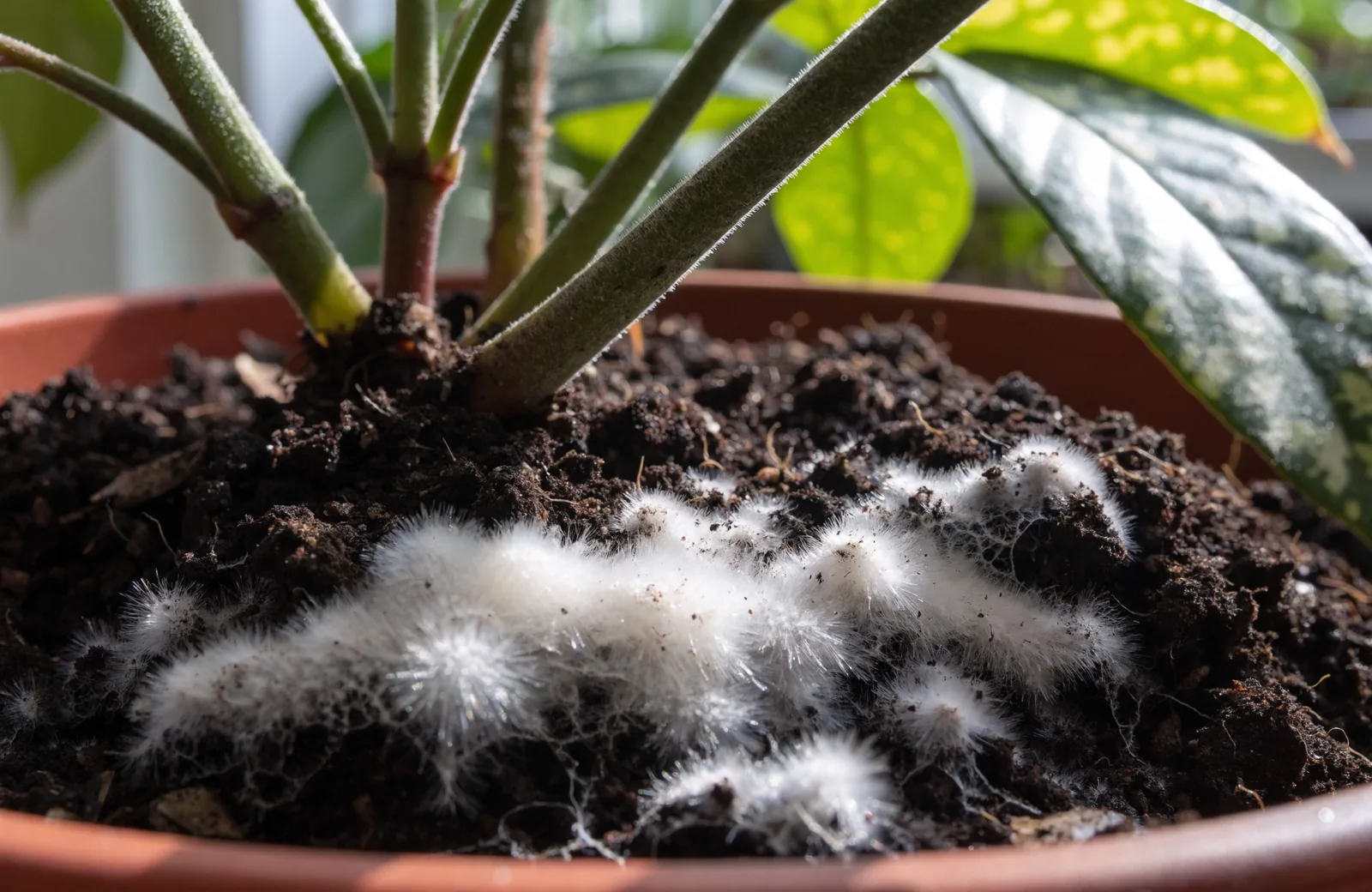 White fuzzy mold on the soil surface of a healthy potted plant