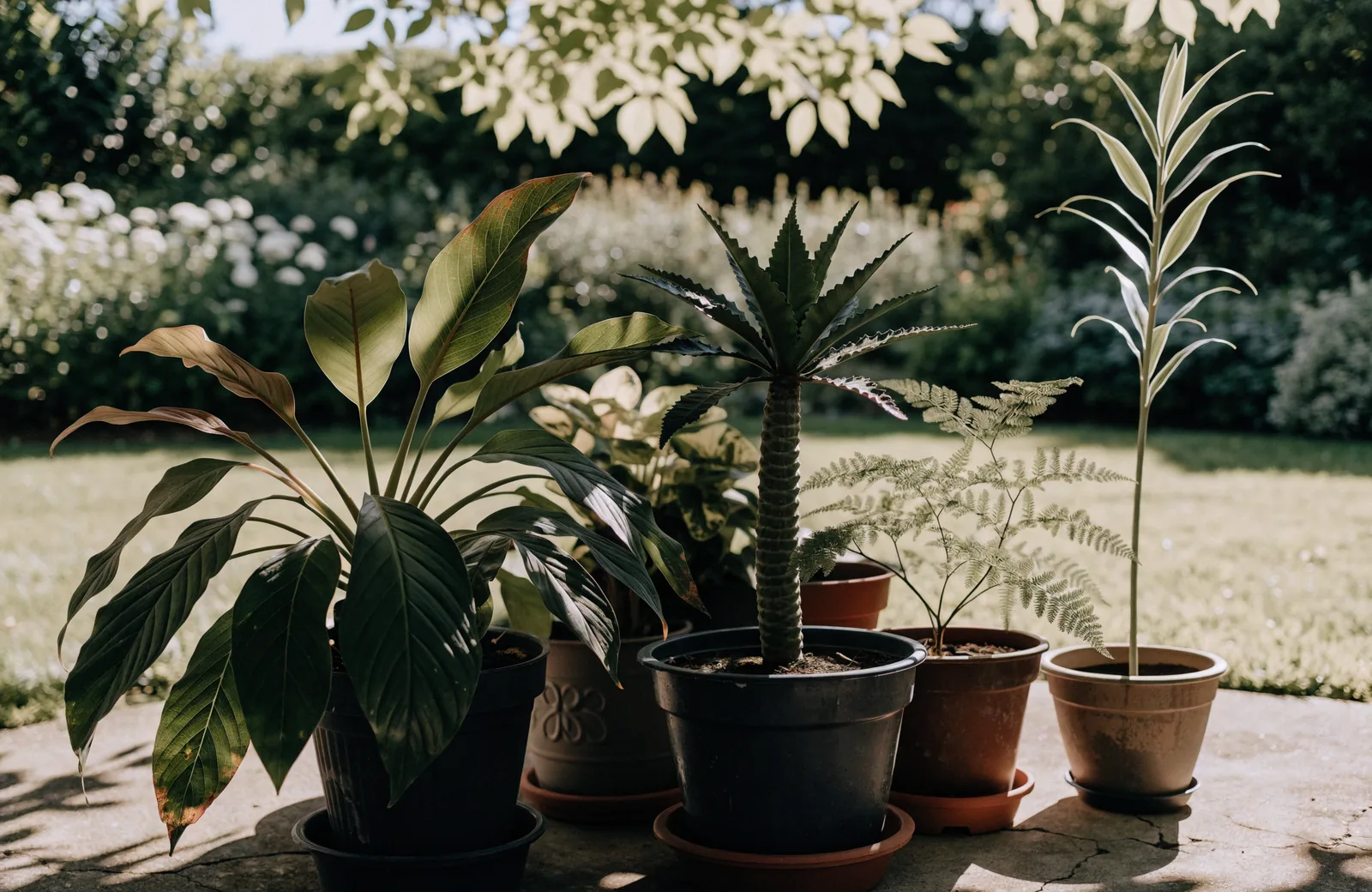 Potted houseplants in dappled shade on a garden patio in summer