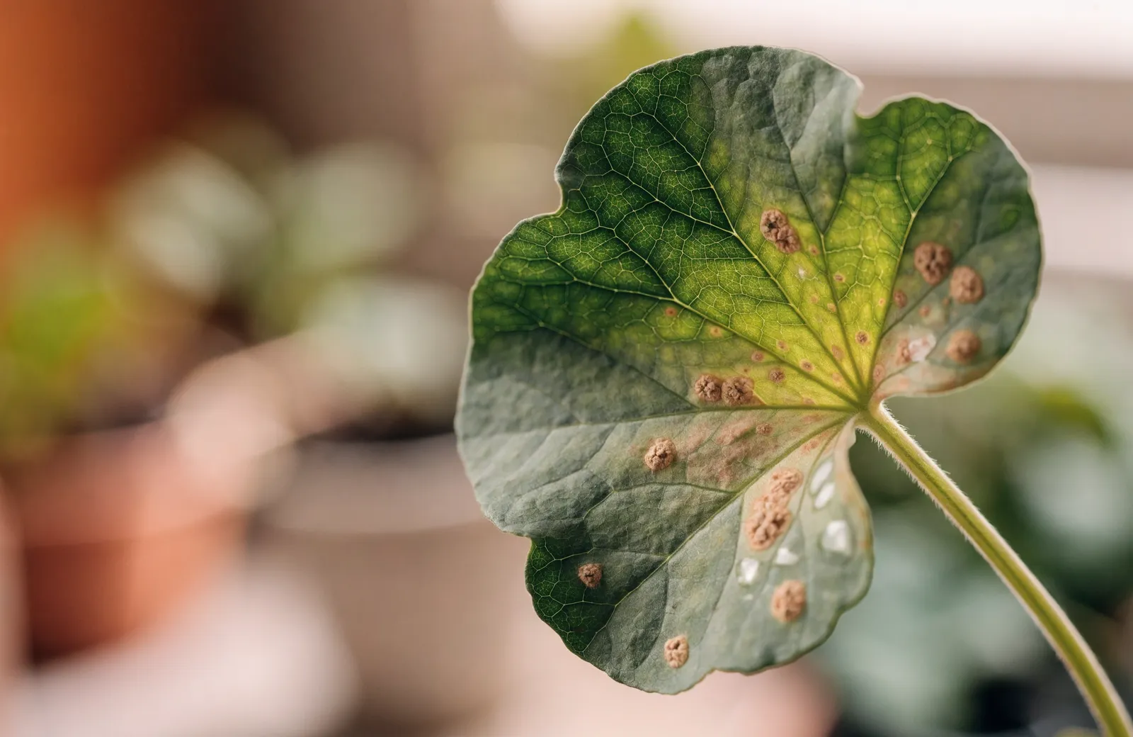 Underside of an ivy-leaf geranium leaf showing small tan corky oedema bumps near the veins