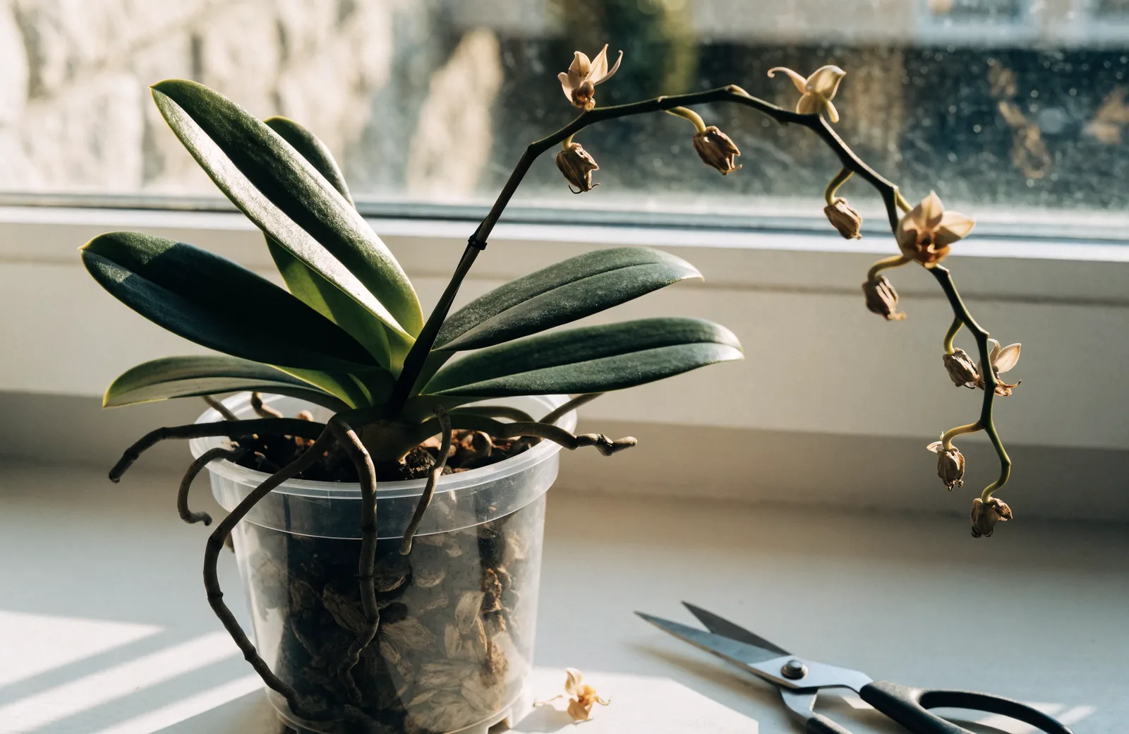 Orchid with a bare flower spike after blooms have dropped