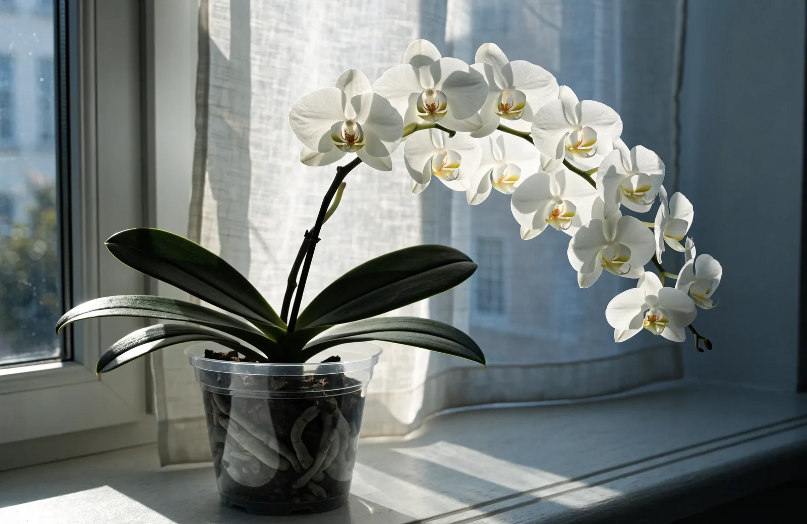 White moth orchid in bloom in a clear pot with visible roots and bark medium