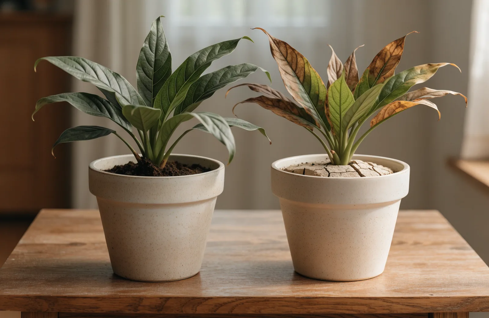 Two potted plants side by side, one drooping in wet soil and one wilting in dry soil
