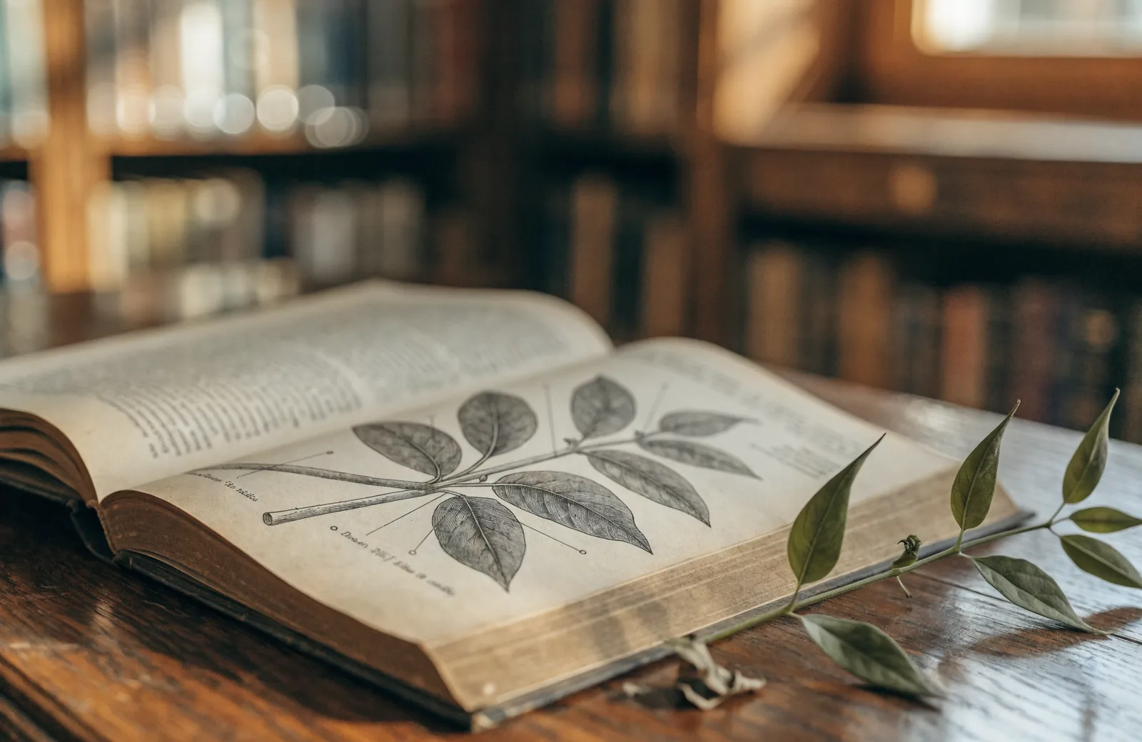 Antique botanical book beside a live specimen of the illustrated plant