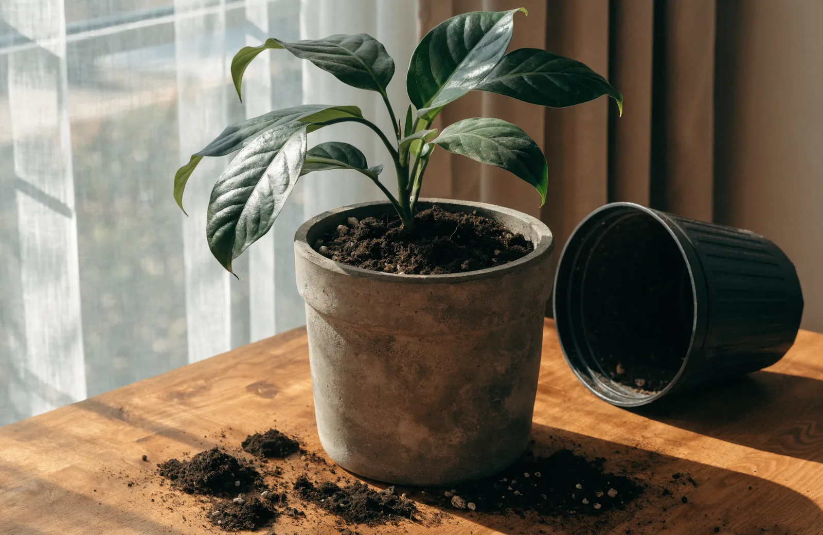 Freshly repotted houseplant drooping slightly beside its old empty pot