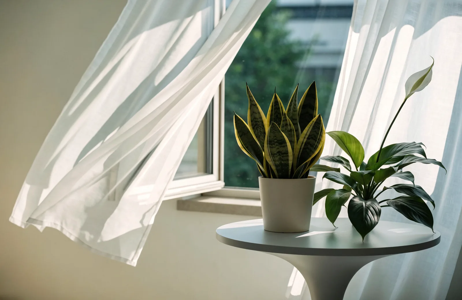 Snake plant and peace lily beside an open window with sheer curtains
