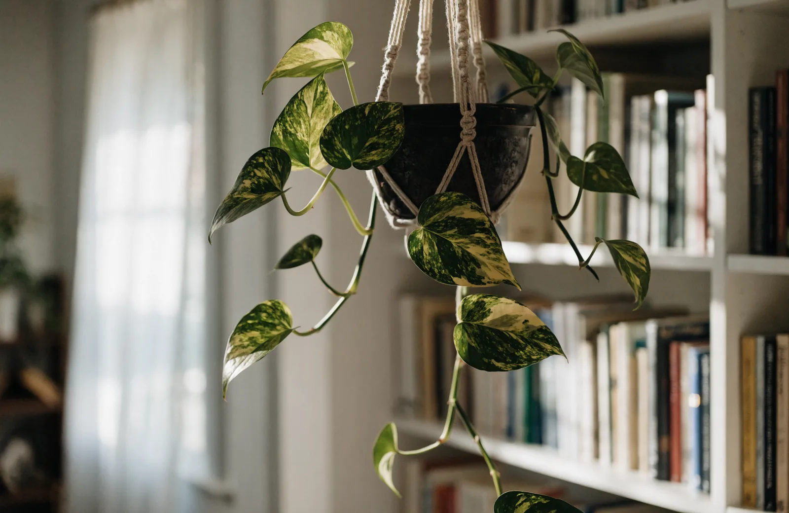 Golden pothos trailing from a hanging pot down a bright bookshelf