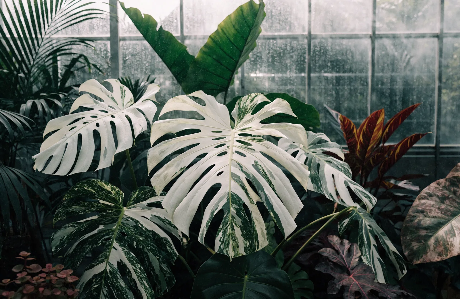 Variegated white-and-green Monstera among rare tropical plants in a greenhouse
