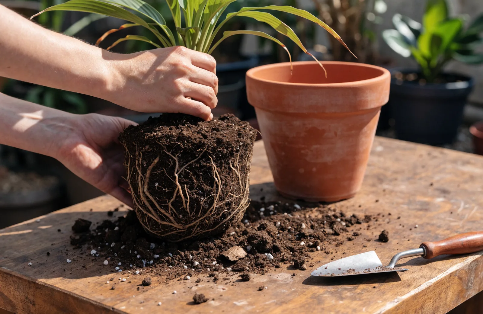 Houseplant with exposed root ball beside a larger pot on a potting bench