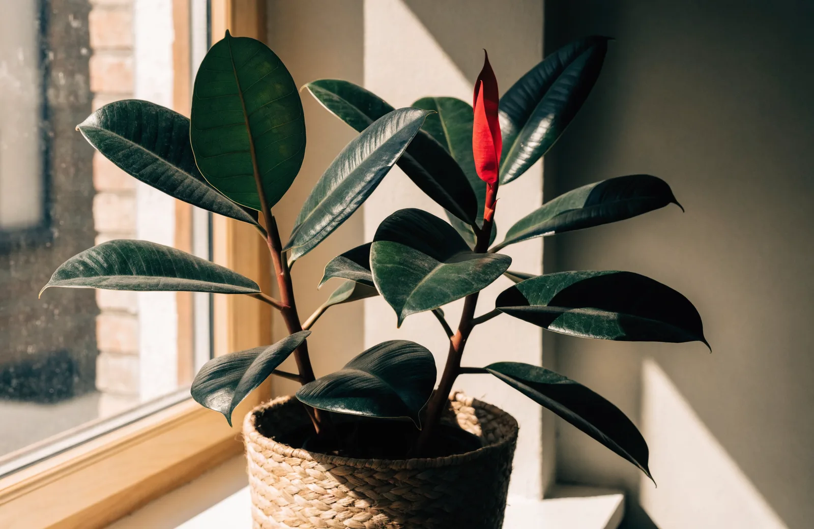 Rubber plant with glossy leaves and a new leaf unfurling from its red sheath