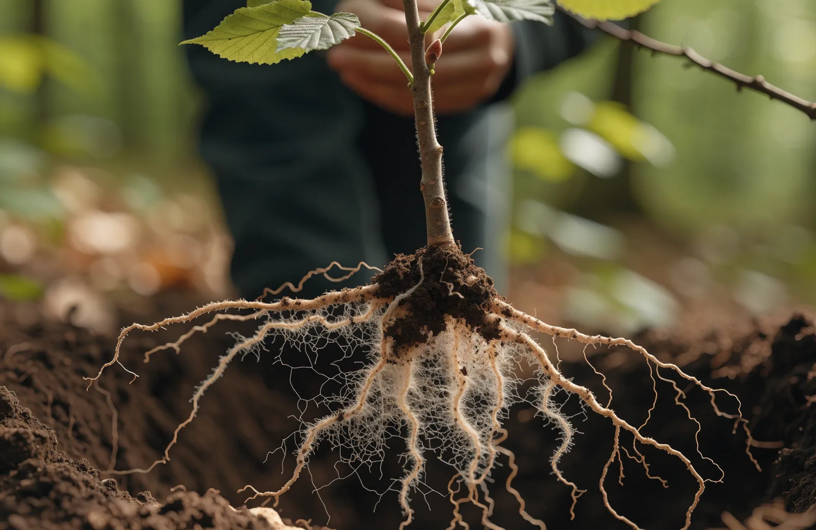 Young tree sapling held above a planting hole with its exposed root system laced with fine white mycorrhizal fungal threads and crumbs of dark soil