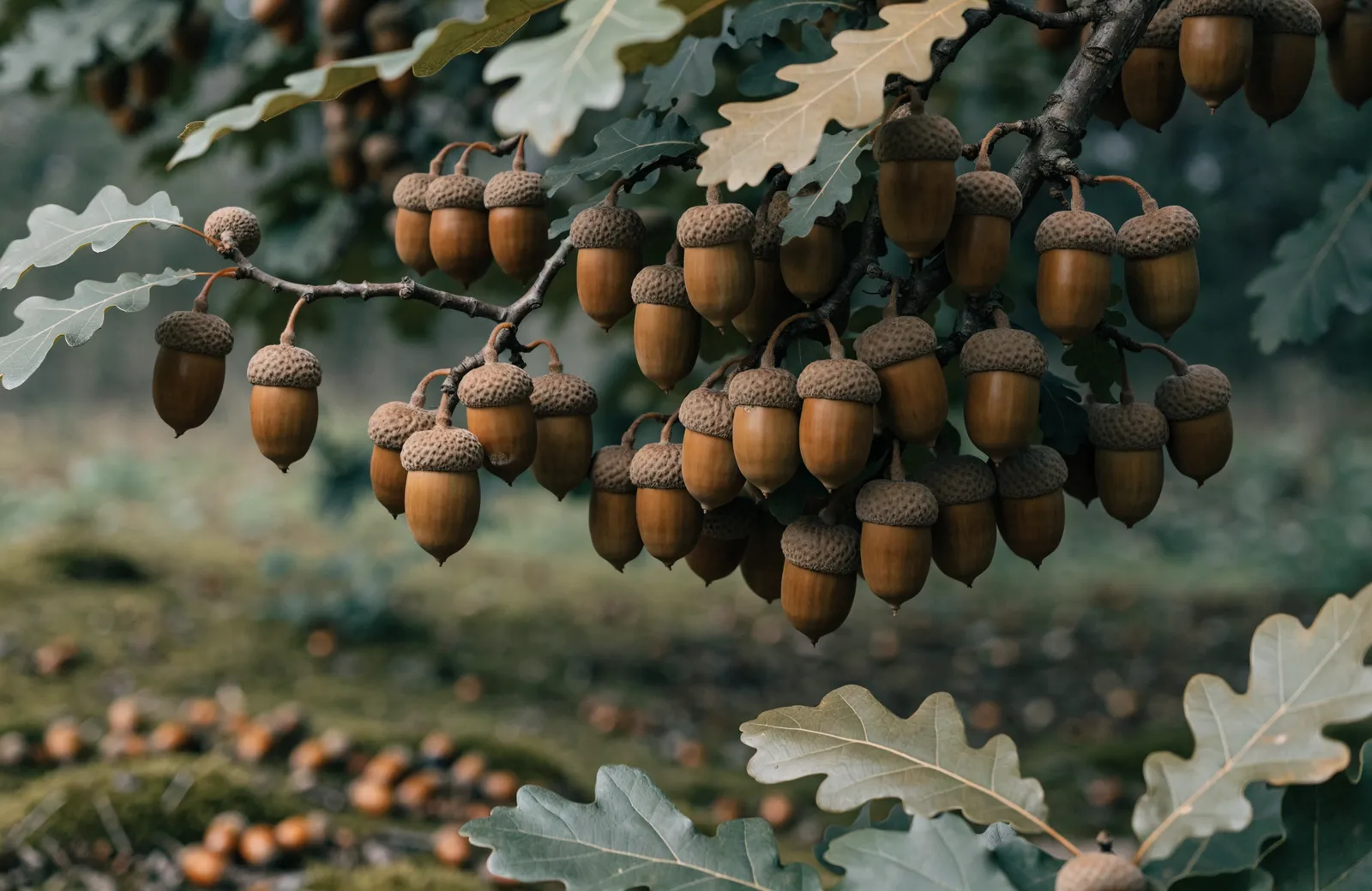 Oak branch laden with ripe brown acorns in their cupules, more fallen acorns on mossy ground below