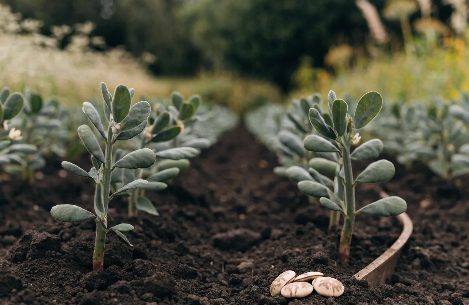 Young broad bean plants with grey-green leaves growing in rows of dark soil, with pale mottled bean seeds resting beside a shallow drill