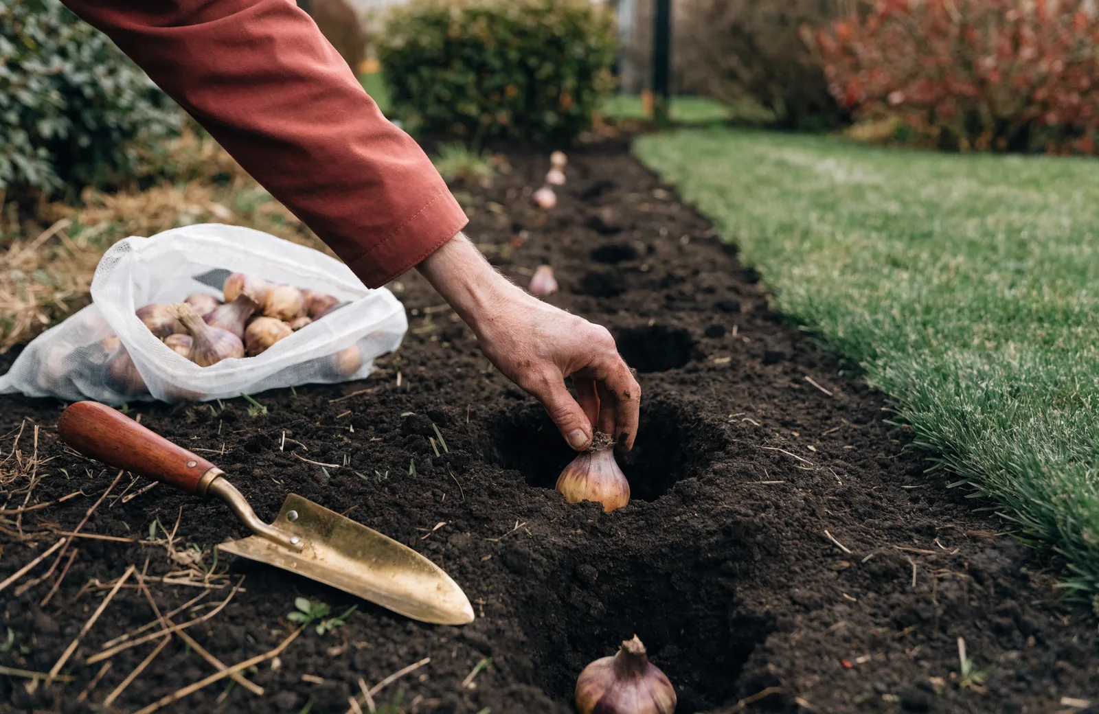Hand placing daffodil bulbs into holes in autumn soil beside a trowel