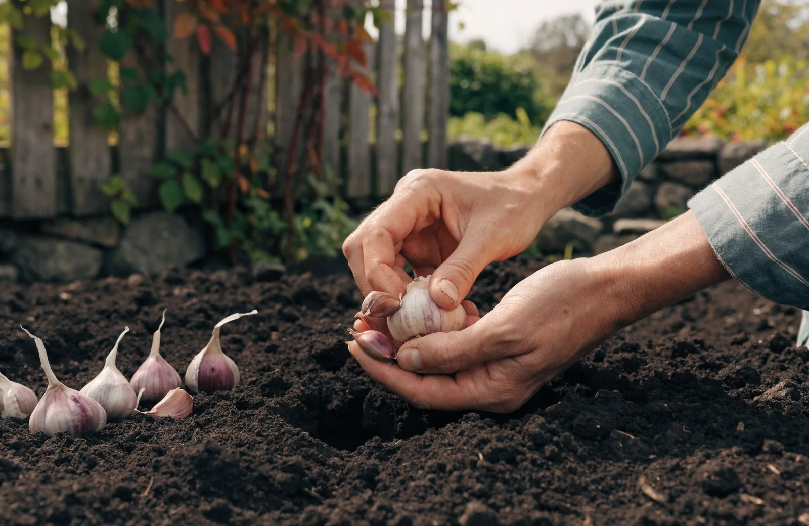Garlic bulb separated into cloves being planted in a row in autumn soil