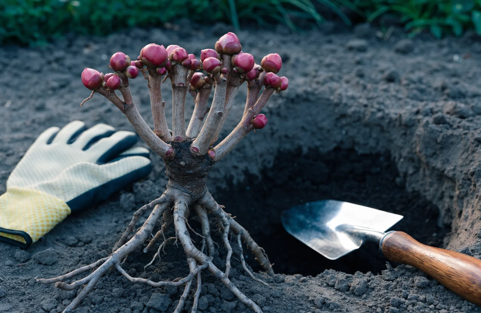 Bare-root peony crown with reddish growth buds beside a planting hole in dark garden soil