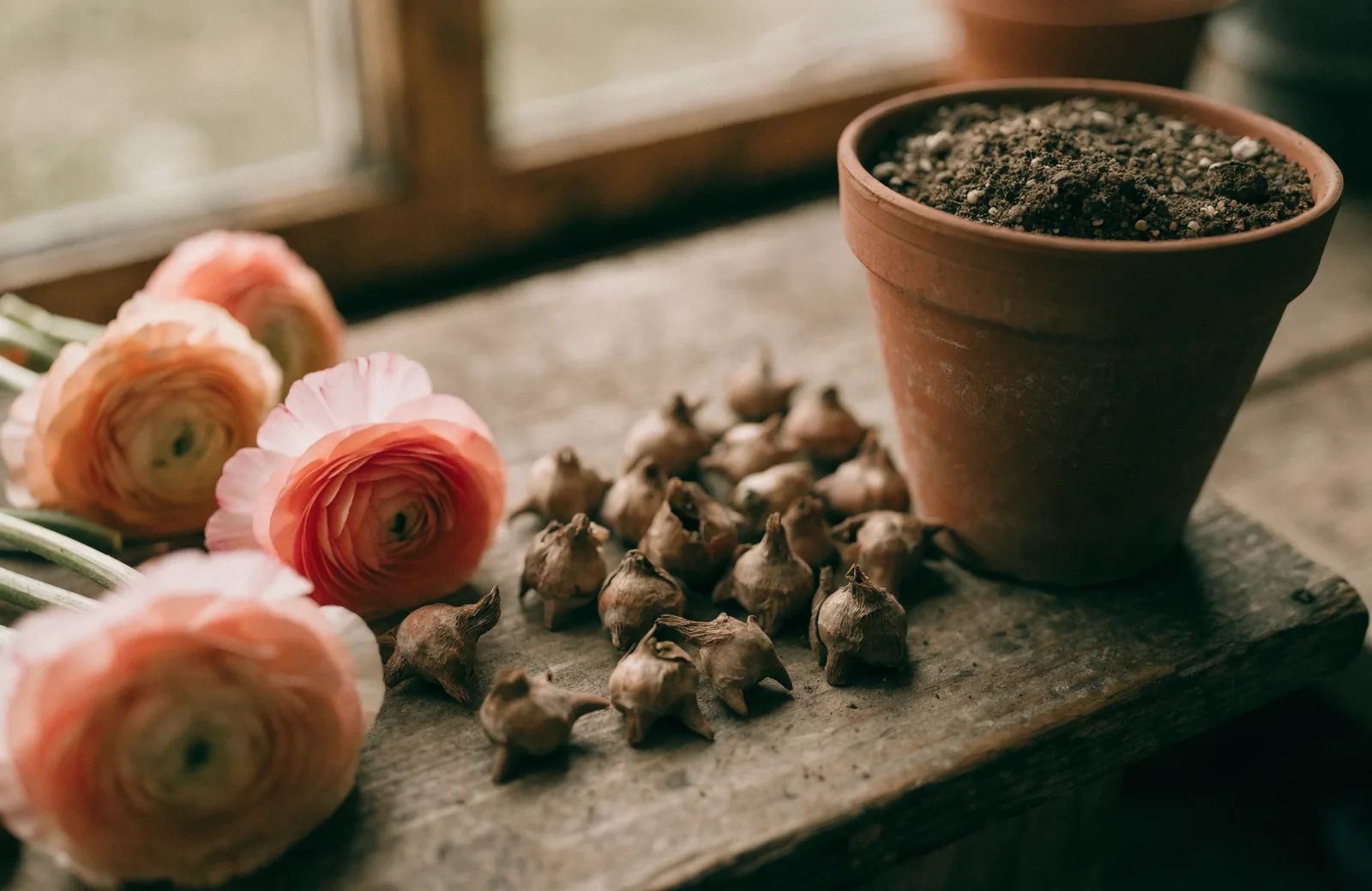 Small dry brown ranunculus corms scattered on a weathered wooden potting bench beside a terracotta pot of gritty compost, with cut peach and coral Persian buttercup blooms lying alongside
