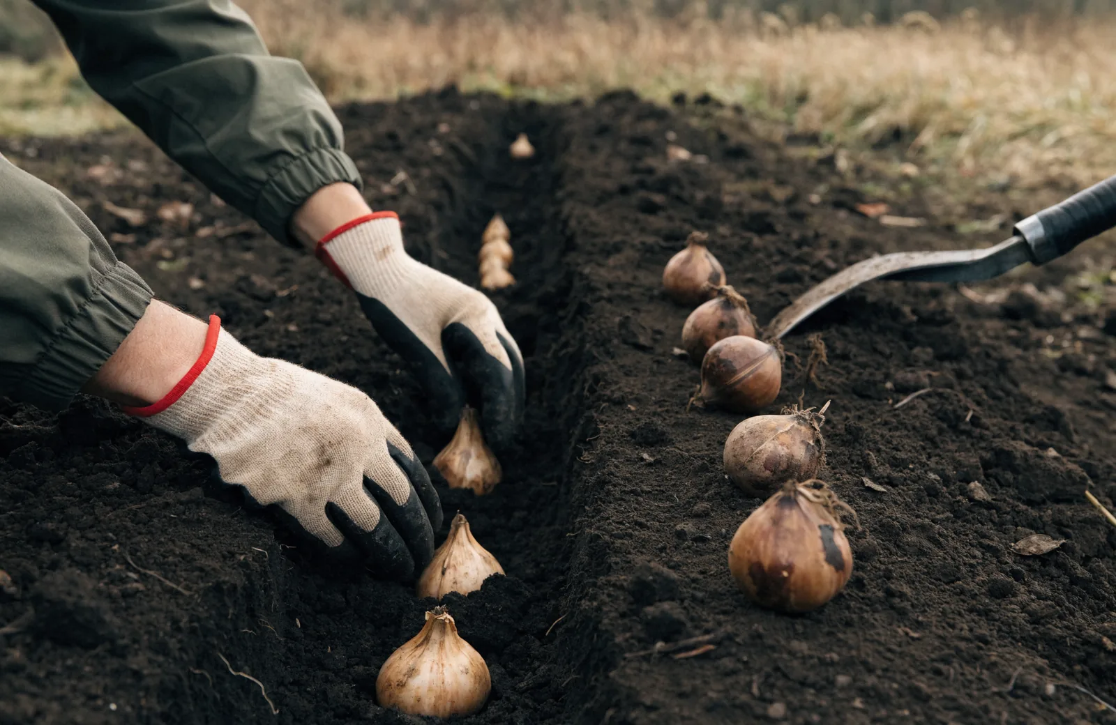 Gloved hands planting tulip bulbs pointed end up in autumn soil