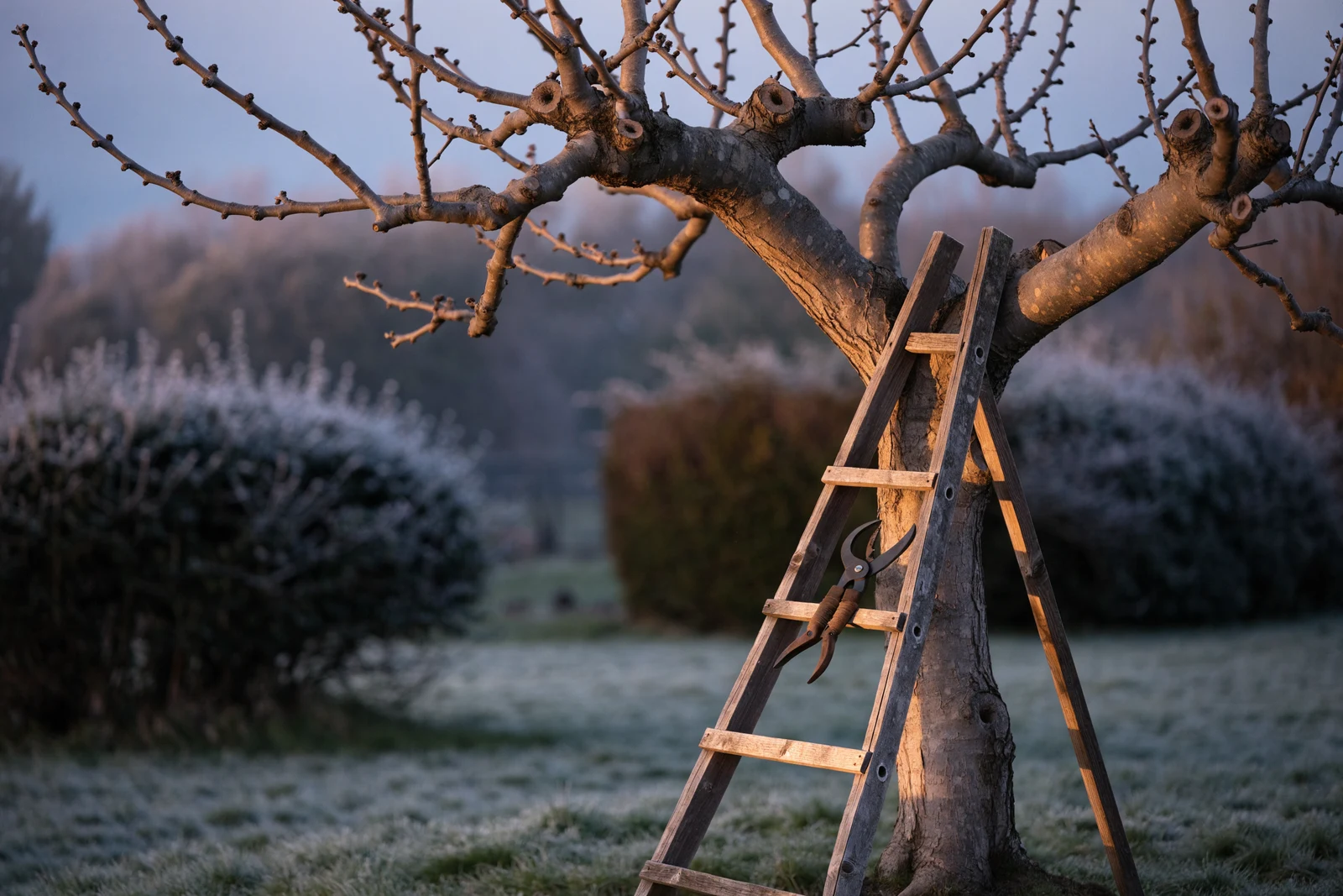 Dormant leafless apple tree with an open goblet-shaped crown in a frosty winter garden, with secateurs resting on a wooden ladder against the trunk