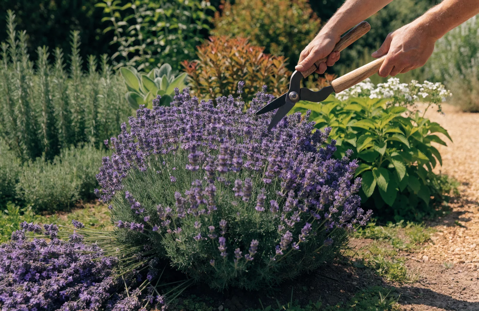 Lavender plant in bloom with pruning shears beside it