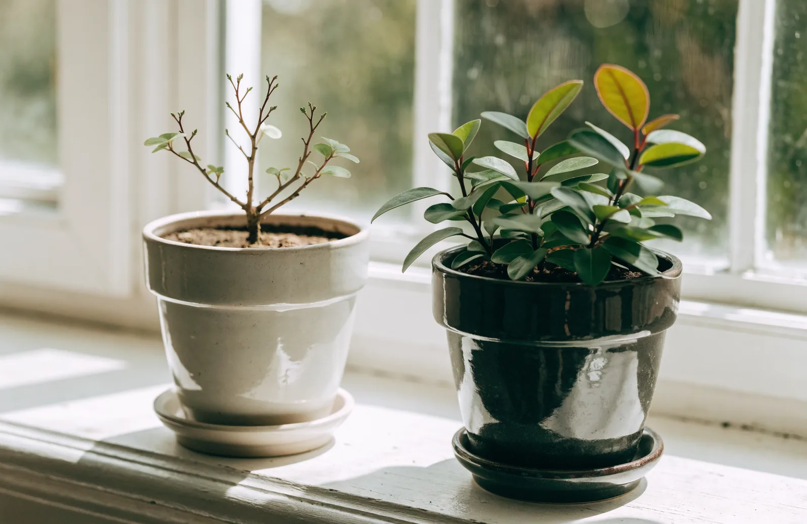 Small houseplant with stalled growth beside a healthy plant of the same kind on a windowsill