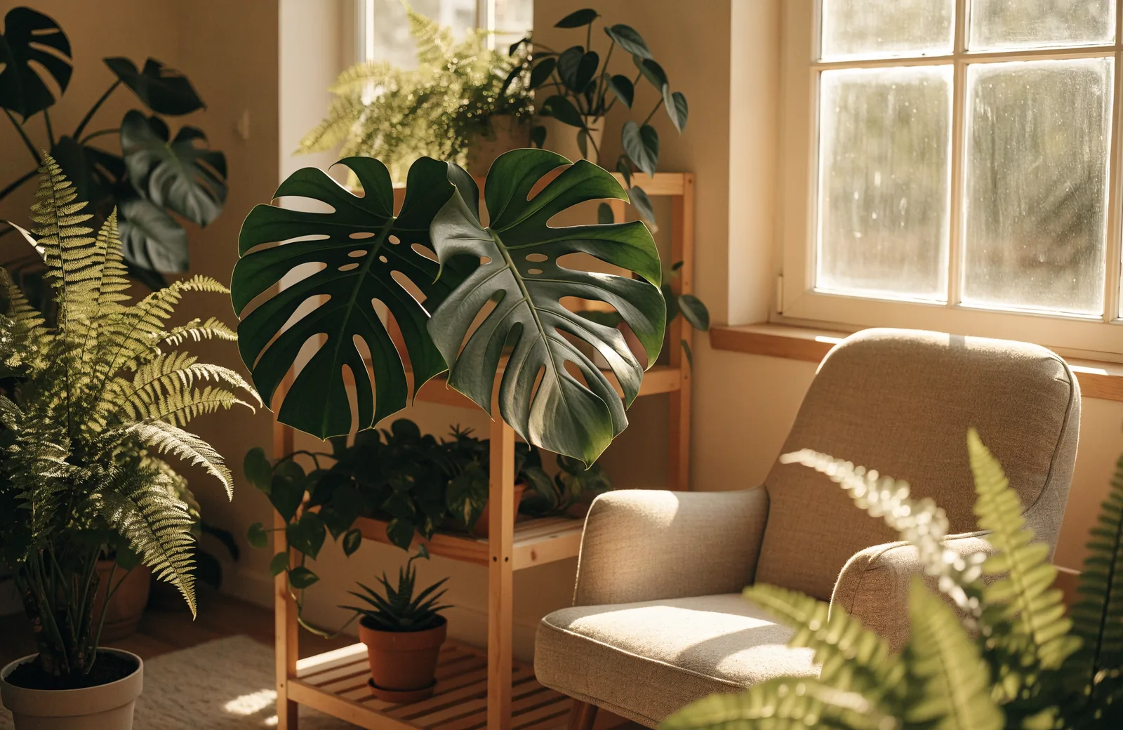 Bright reading corner filled with houseplants and warm morning light