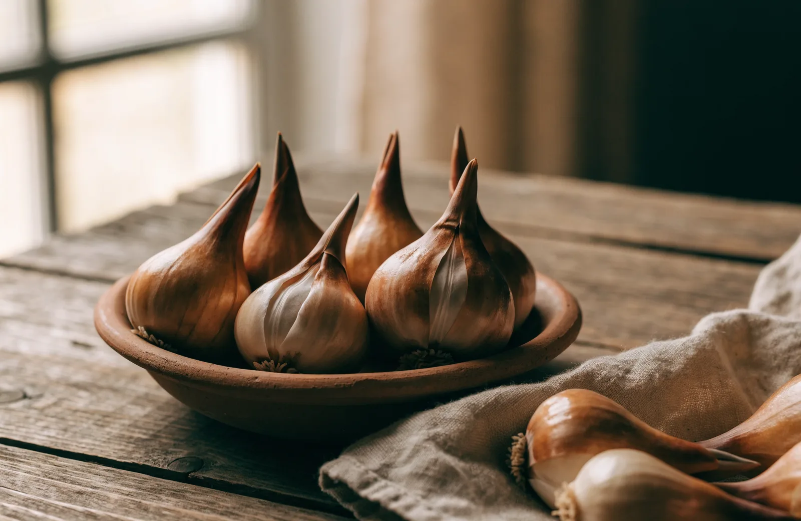 Dormant tulip bulbs with papery copper-brown tunics gathered in a terracotta dish on a wooden table in soft window light