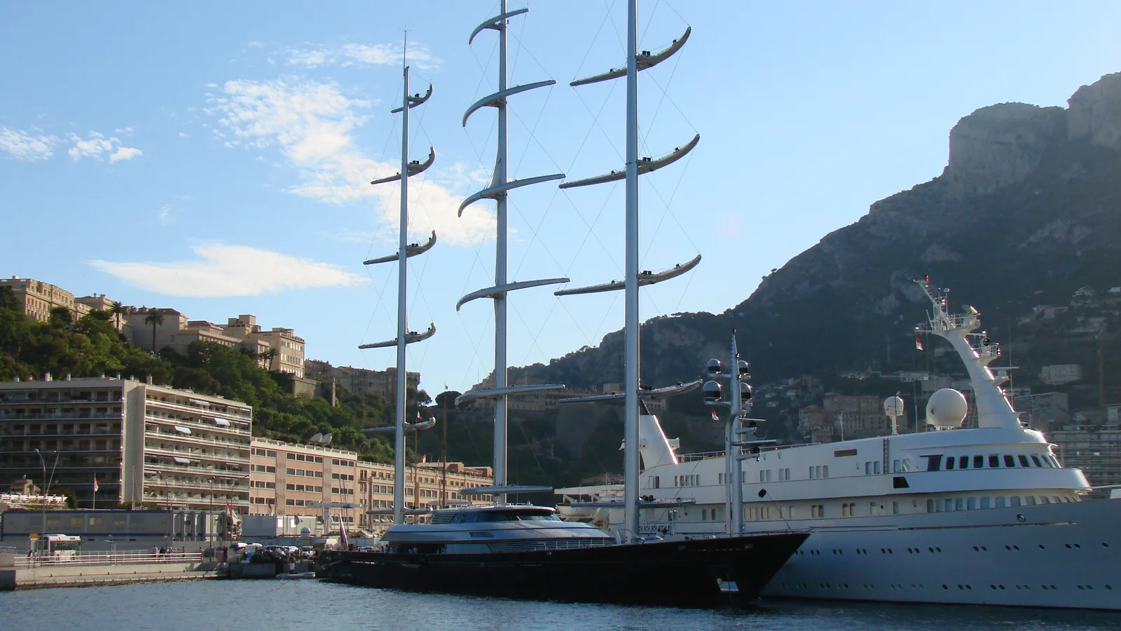 The Maltese Falcon at anchor, showing its three DynaRig masts and deck detail
