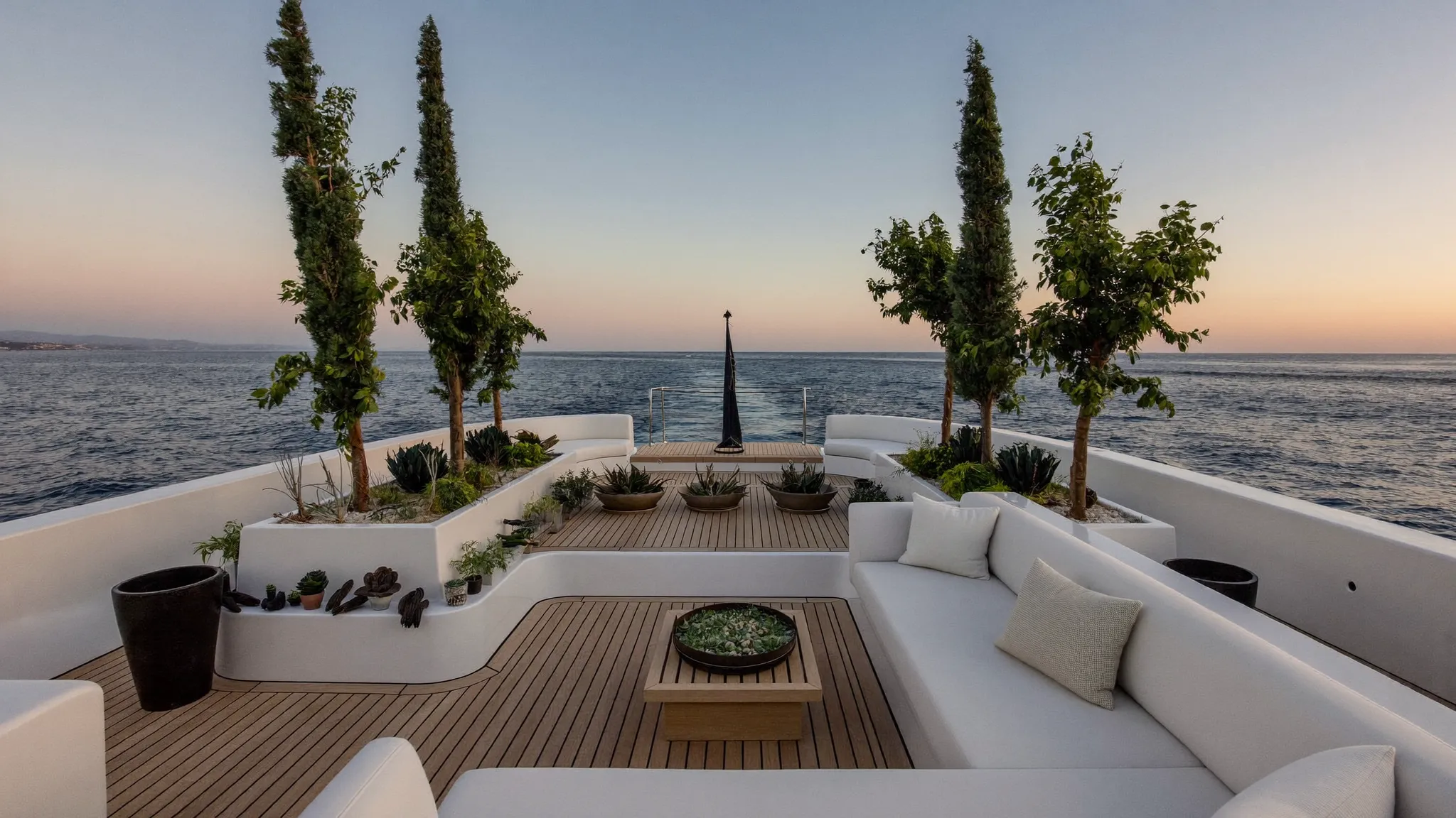 Olive trees in secured planters and bowls of succulents on a superyacht aft deck at golden hour